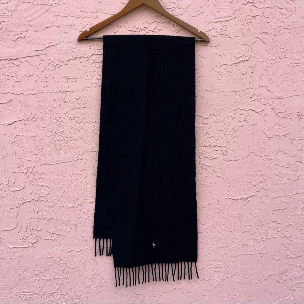 Vintage Polo Ralph Lauren Black Lambswool Fringe Scarf Small Pony